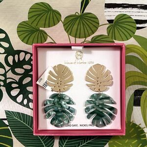 Monstera Leaf Dangling Earrings Green Gold Nickel Free Tropical Plant Palm NIB